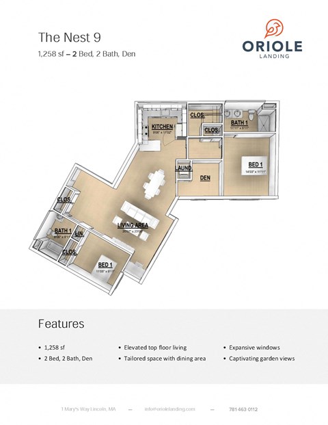 2 bedroom 2 bathroom floor plan H at Oriole Landing, Lincoln, 01773